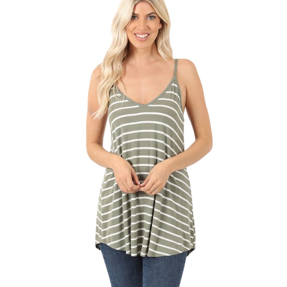 Zenana Striped Spaghetti Cami in Olive Size 1X